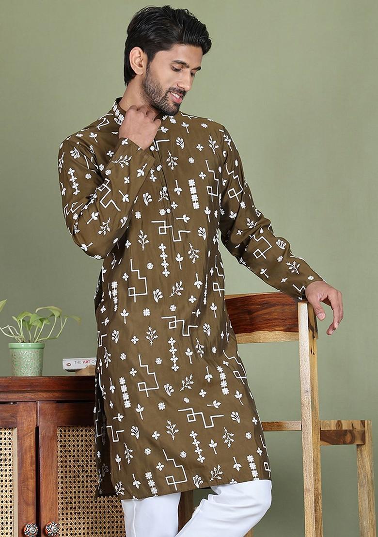 Green Embroidered Poly Blend Kurta For Men