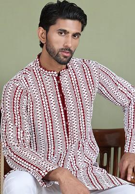 Maroon Embroidered Poly Blend Kurta For Men