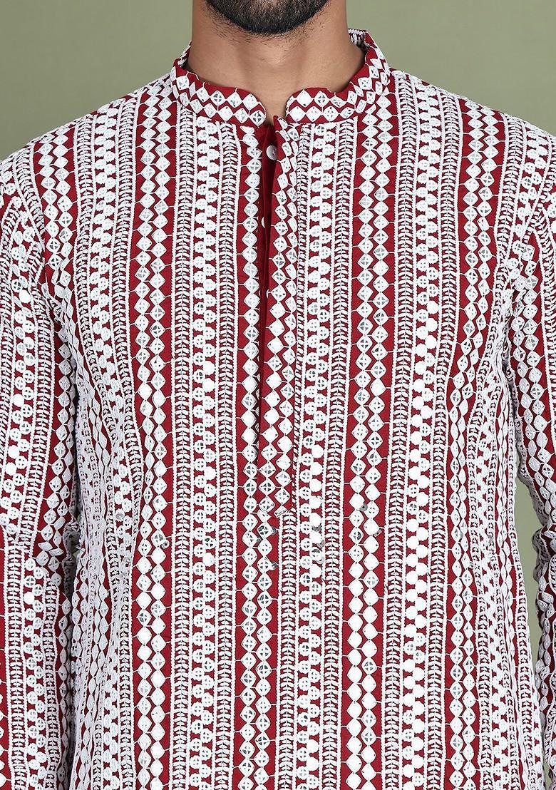 Maroon Embroidered Poly Blend Kurta For Men