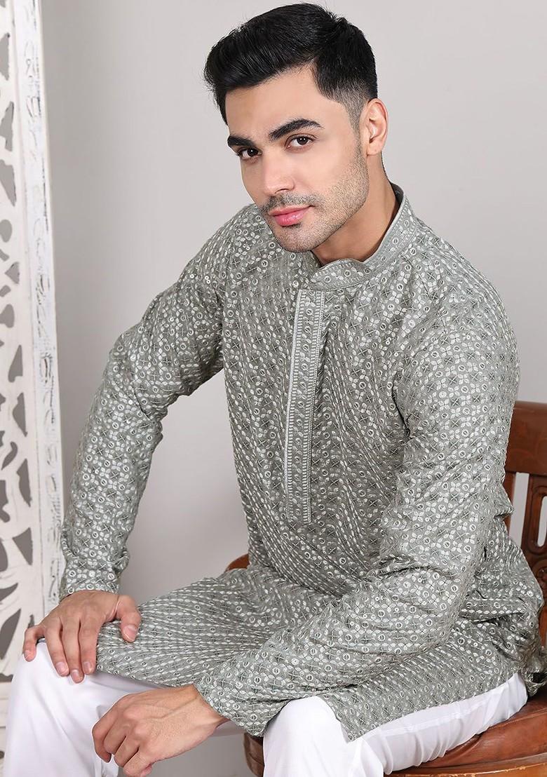 Grey Embroidered Poly Blend Kurta For Men