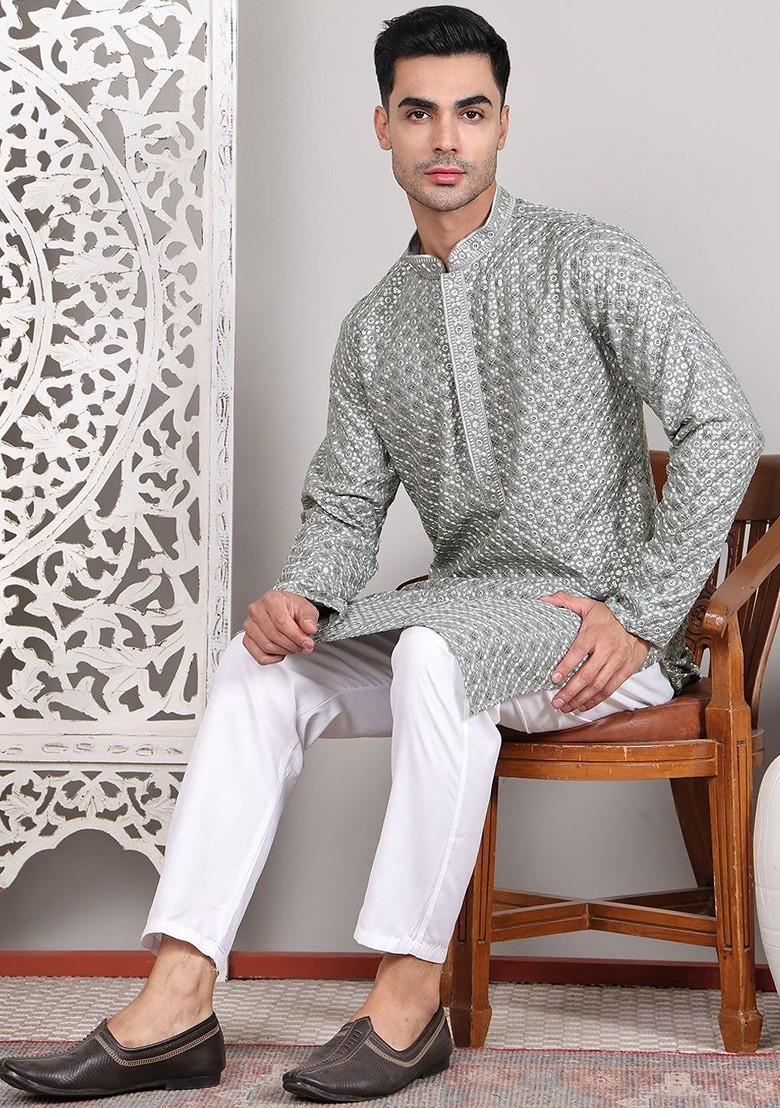 Grey Embroidered Poly Blend Kurta For Men