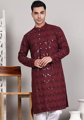 Maroon Embroidered Poly Blend Kurta For Men
