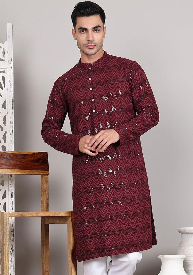 Maroon Embroidered Poly Blend Kurta For Men