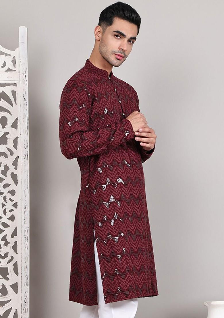 Maroon Embroidered Poly Blend Kurta For Men