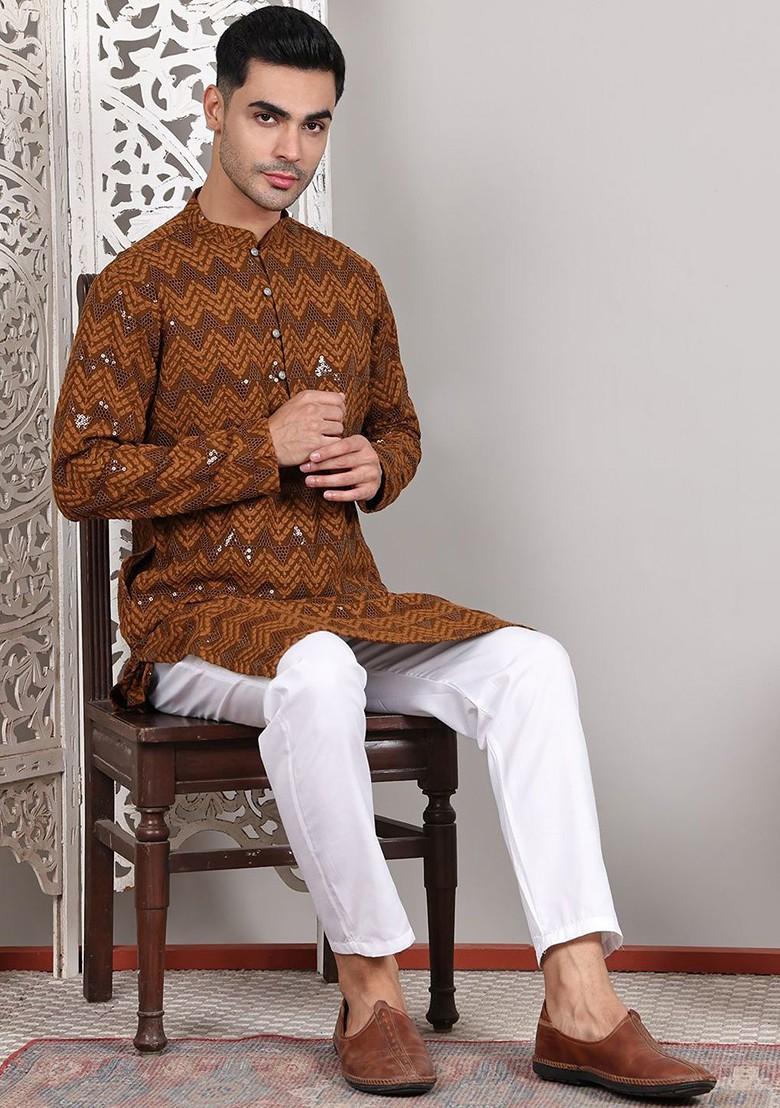 Mustard Yellow Embroidered Poly Blend Kurta For Men