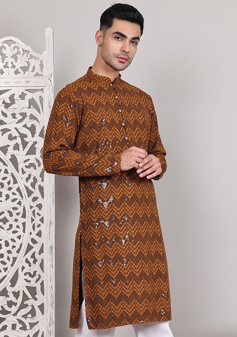 Mustard Yellow Embroidered Poly Blend Kurta For Men