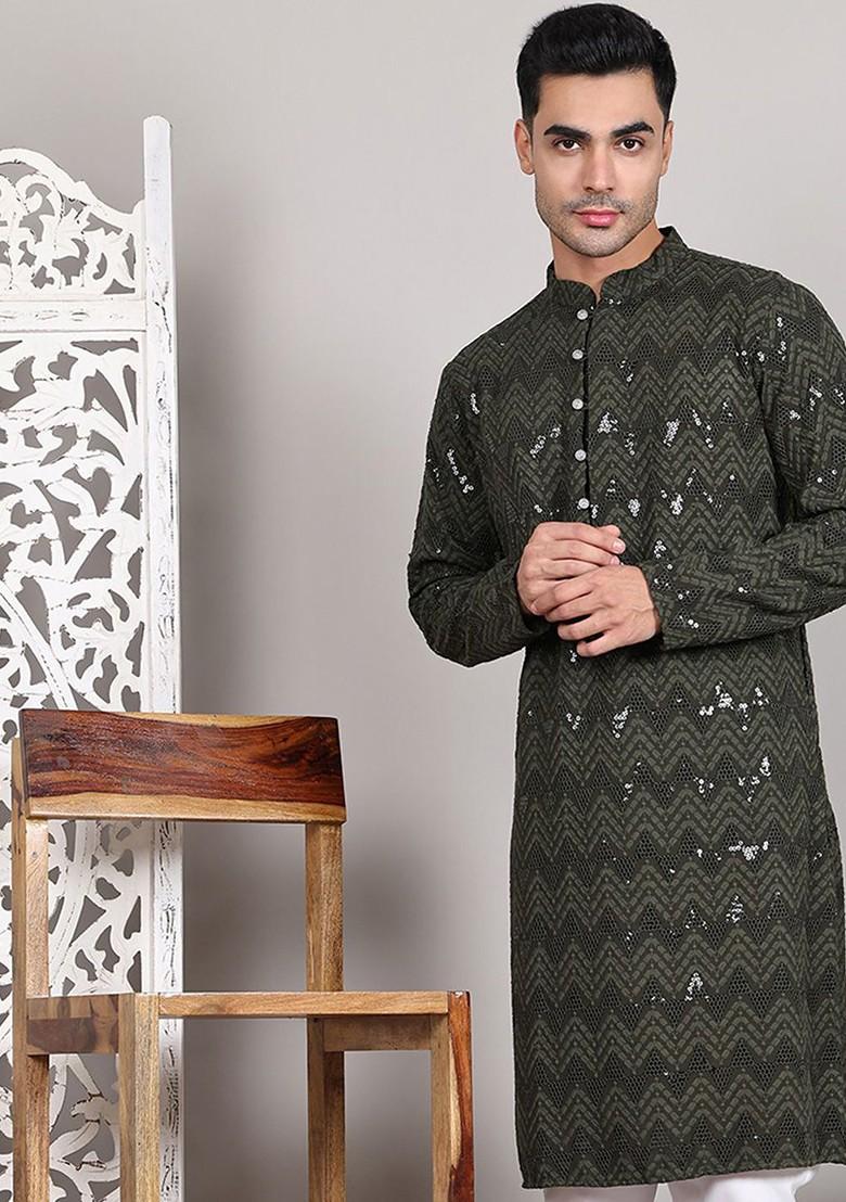Olive Embroidered Poly Blend Kurta For Men