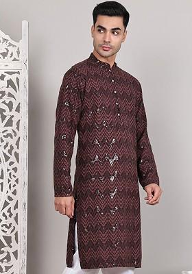 Coffee Brown Embroidered Poly Blend Kurta For Men