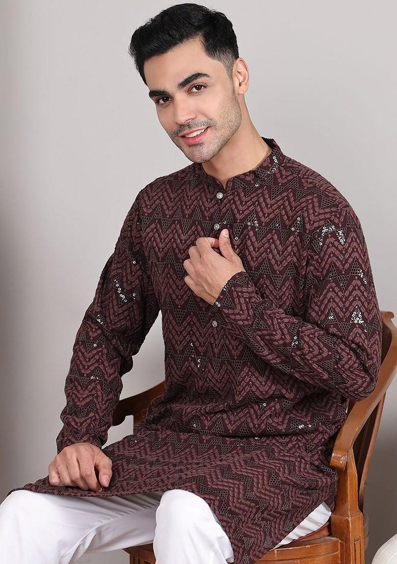 Coffee Brown Embroidered Poly Blend Kurta For Men