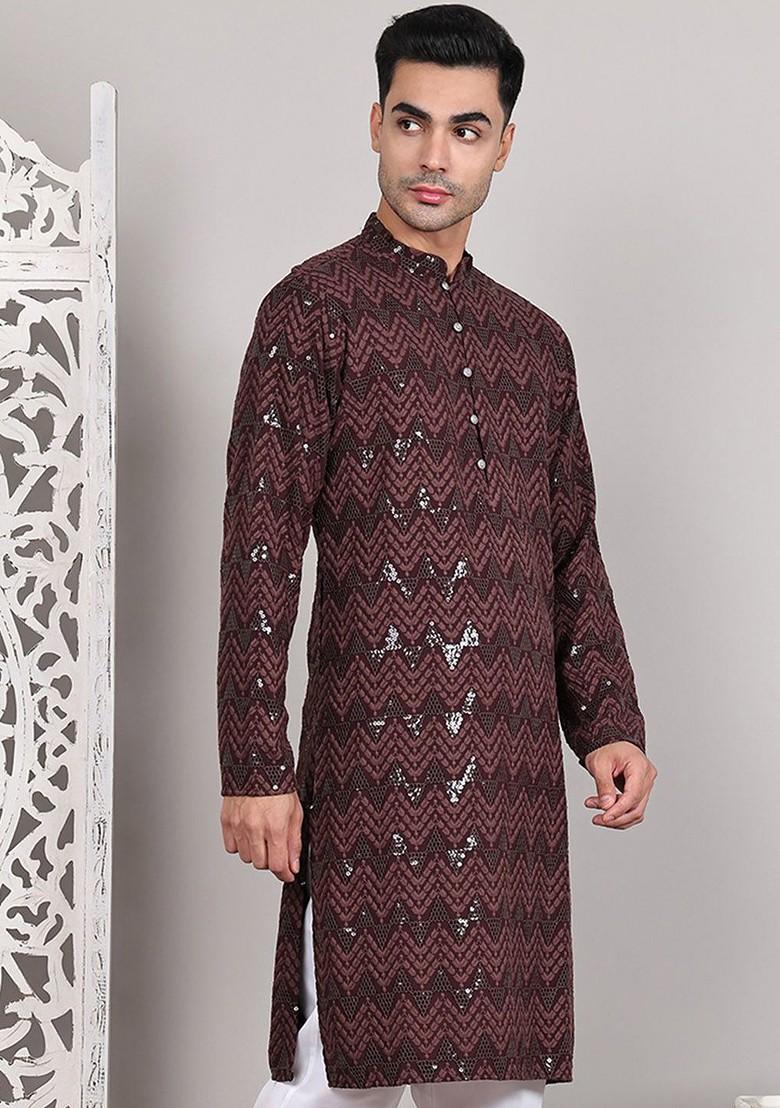 Coffee Brown Embroidered Poly Blend Kurta For Men