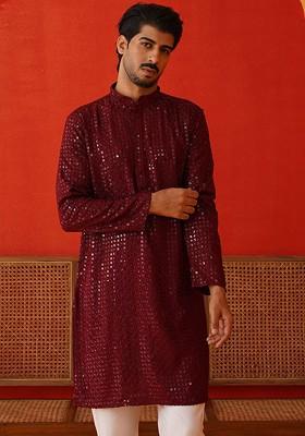 Maroon Embroidered Poly Blend Kurta For Men
