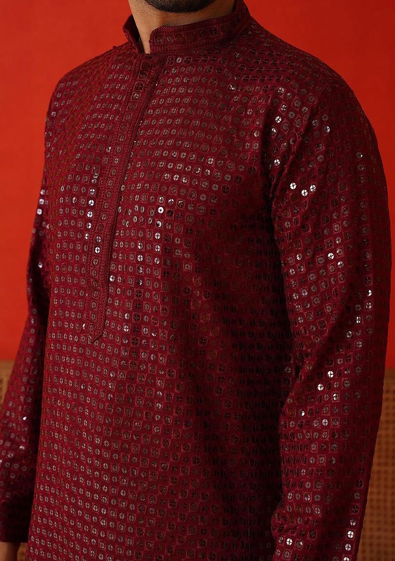Maroon Embroidered Poly Blend Kurta For Men