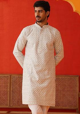 Grey Embroidered Poly Blend Kurta For Men