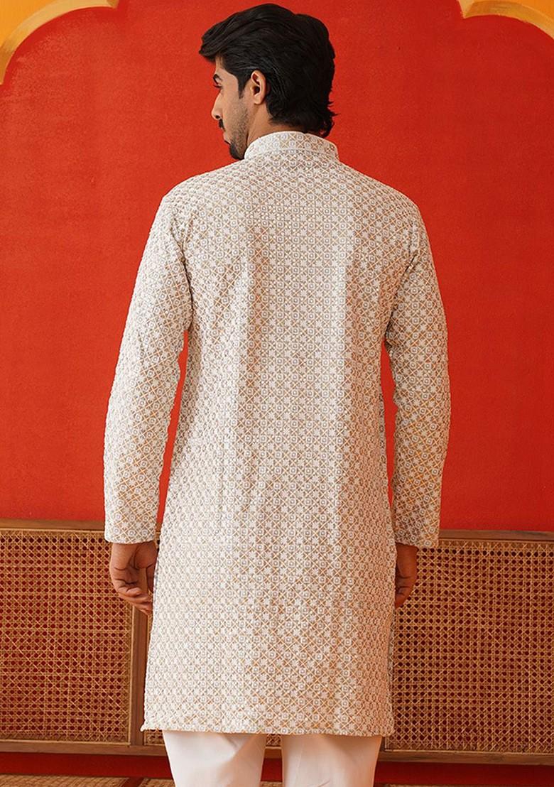 Grey Embroidered Poly Blend Kurta For Men