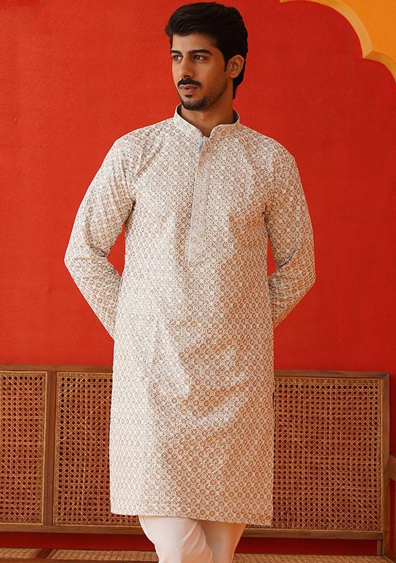 Grey Embroidered Poly Blend Kurta For Men
