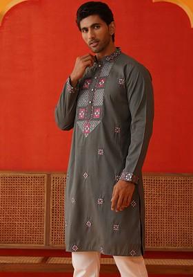 Grey Embroidered Poly Blend Kurta For Men