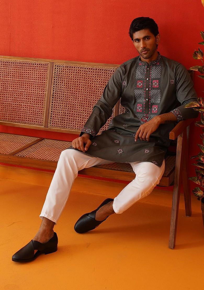 Grey Embroidered Poly Blend Kurta For Men