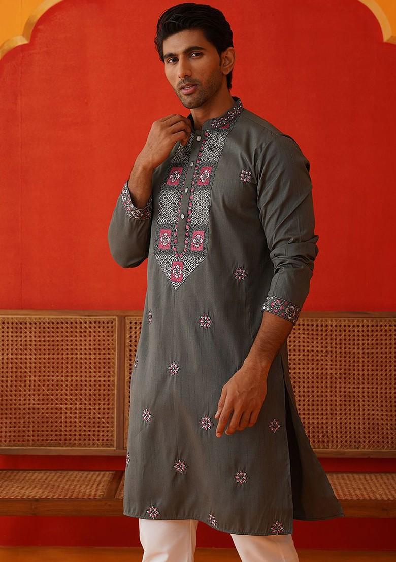 Grey Embroidered Poly Blend Kurta For Men