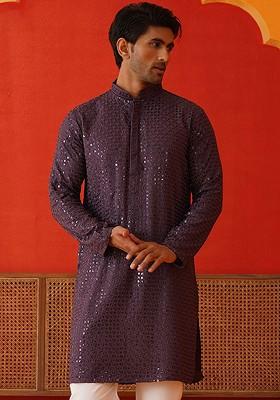 Purple Embroidered Poly Blend Kurta For Men