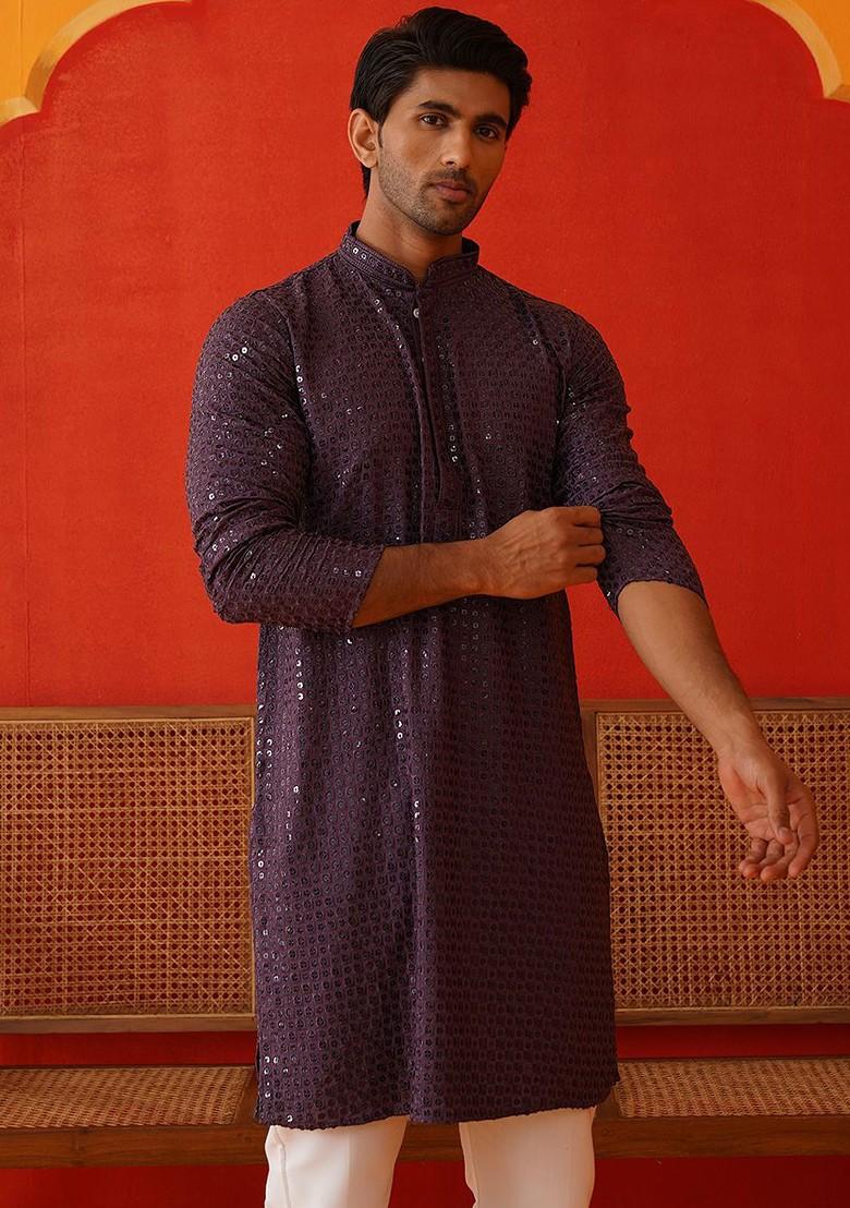 Purple Embroidered Poly Blend Kurta For Men