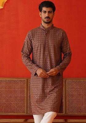 Rust Brown Embroidered Poly Blend Kurta For Men