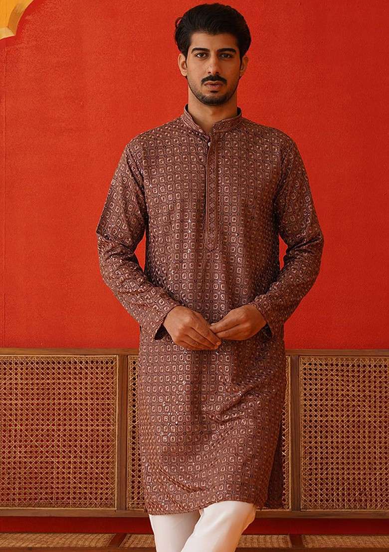 Rust Brown Embroidered Poly Blend Kurta For Men - Indya