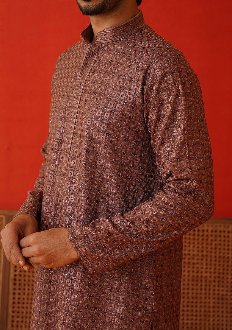 Rust Brown Embroidered Poly Blend Kurta For Men