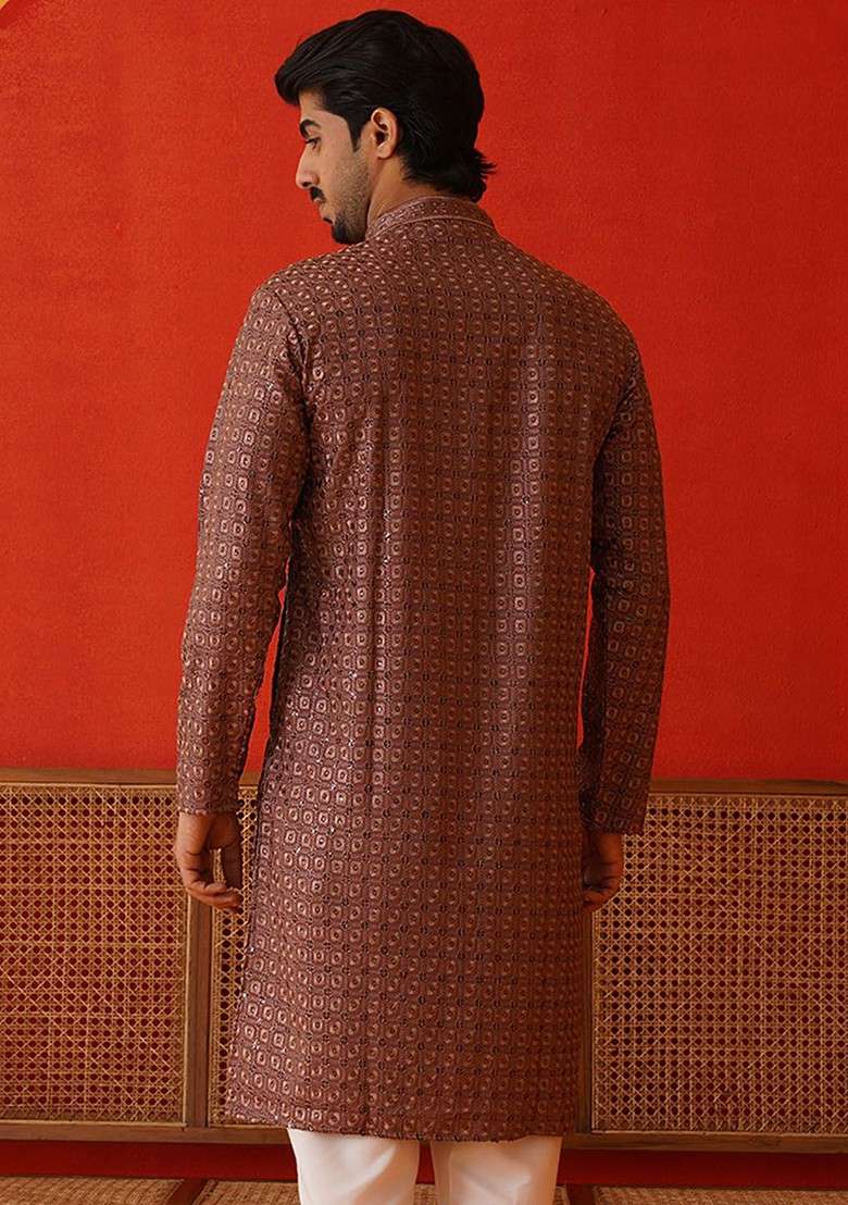 Rust Brown Embroidered Poly Blend Kurta For Men - Indya