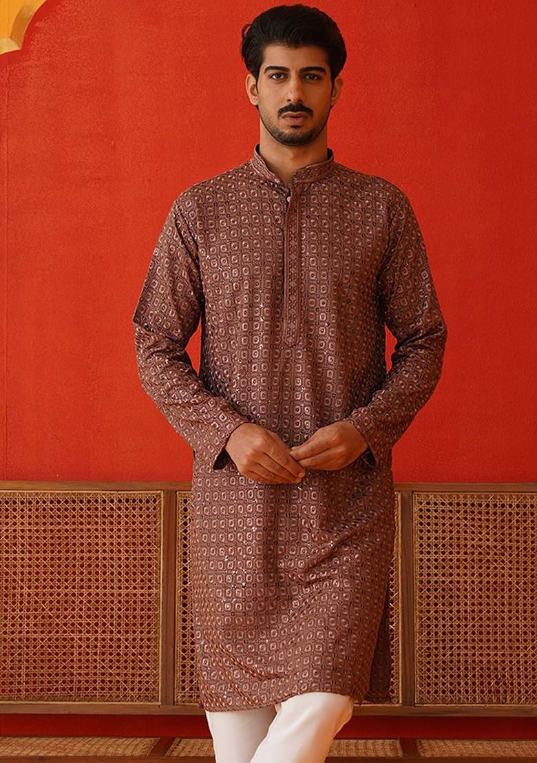 Rust Brown Embroidered Poly Blend Kurta For Men