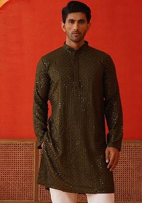 Olive Embroidered Poly Blend Kurta For Men