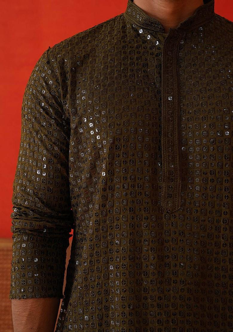 Olive Embroidered Poly Blend Kurta For Men