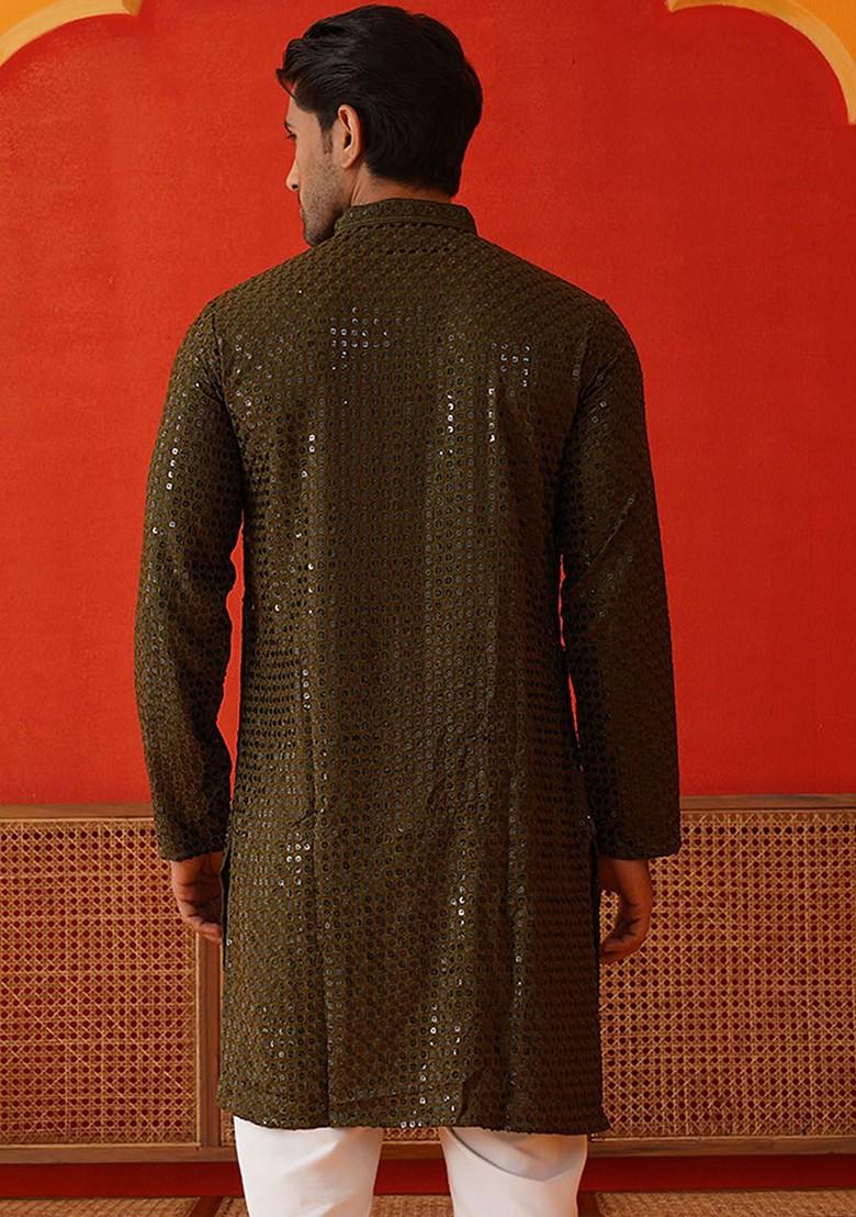 Olive Embroidered Poly Blend Kurta For Men