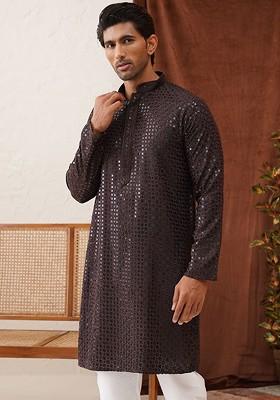 Coffee Brown Embroidered Poly Blend Kurta For Men