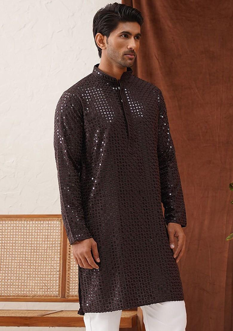 Coffee Brown Embroidered Poly Blend Kurta For Men