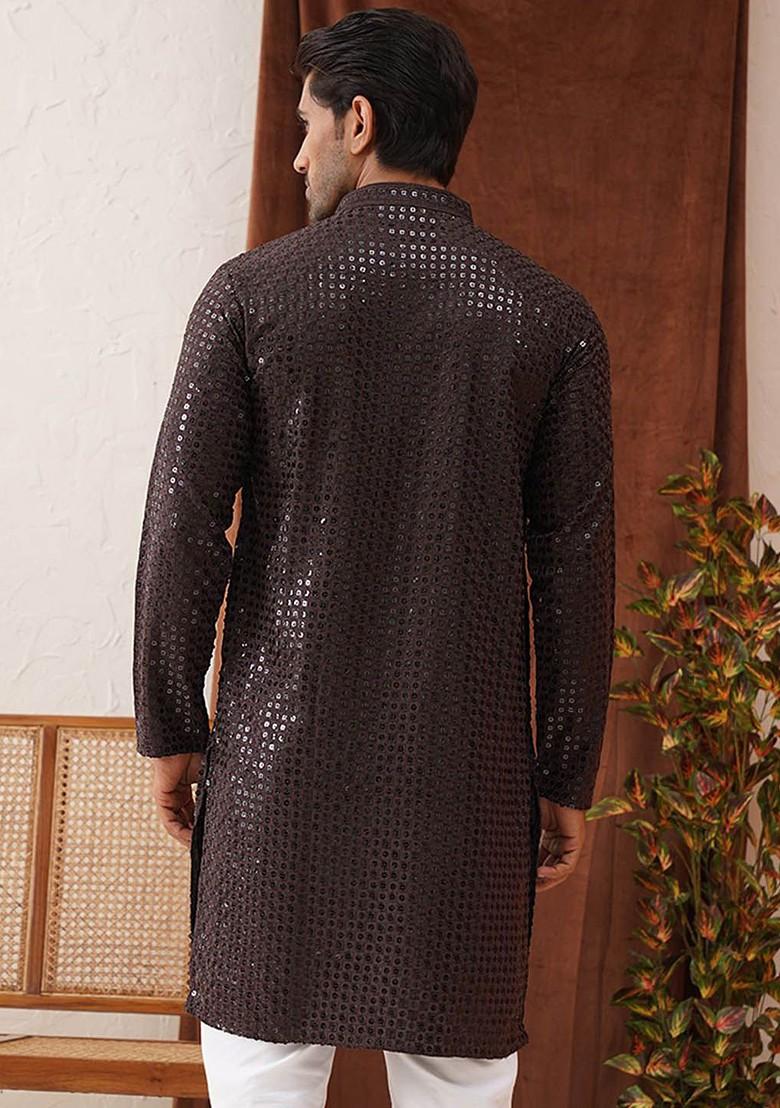 Coffee Brown Embroidered Poly Blend Kurta For Men
