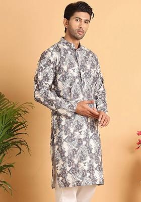 Grey Embroidered Poly Blend Kurta For Men