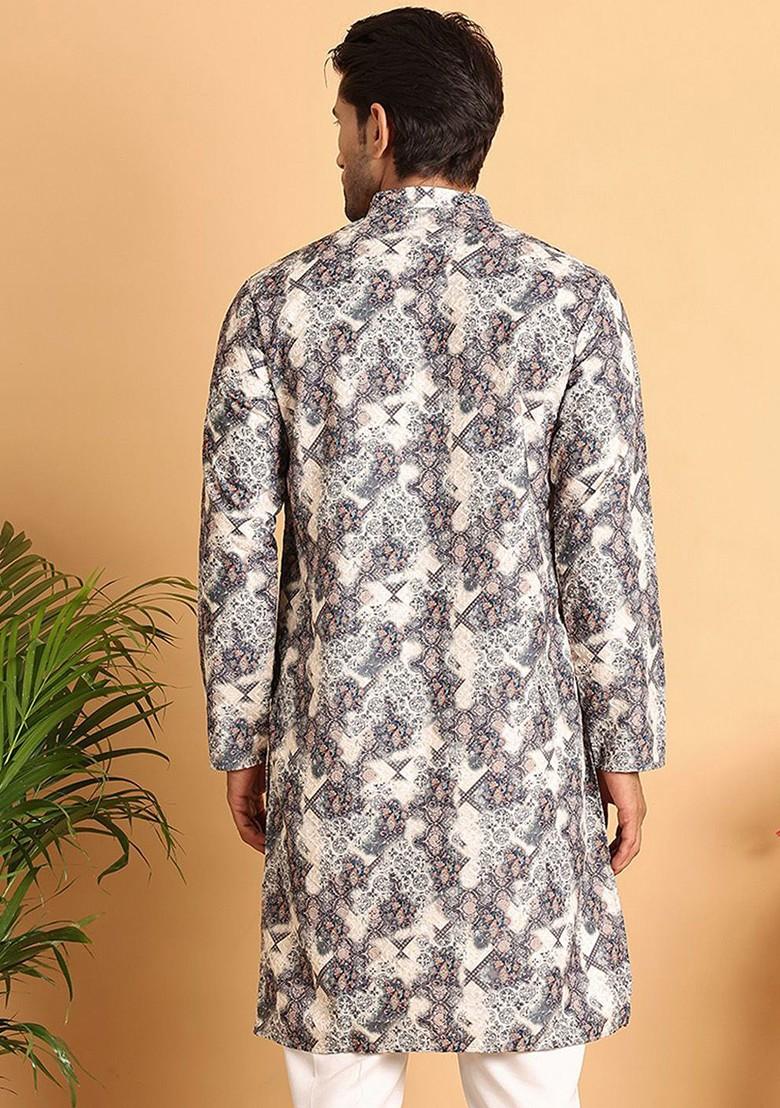 Grey Embroidered Poly Blend Kurta For Men