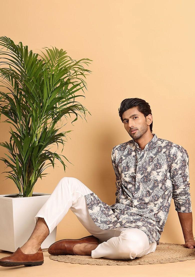 Grey Embroidered Poly Blend Kurta For Men