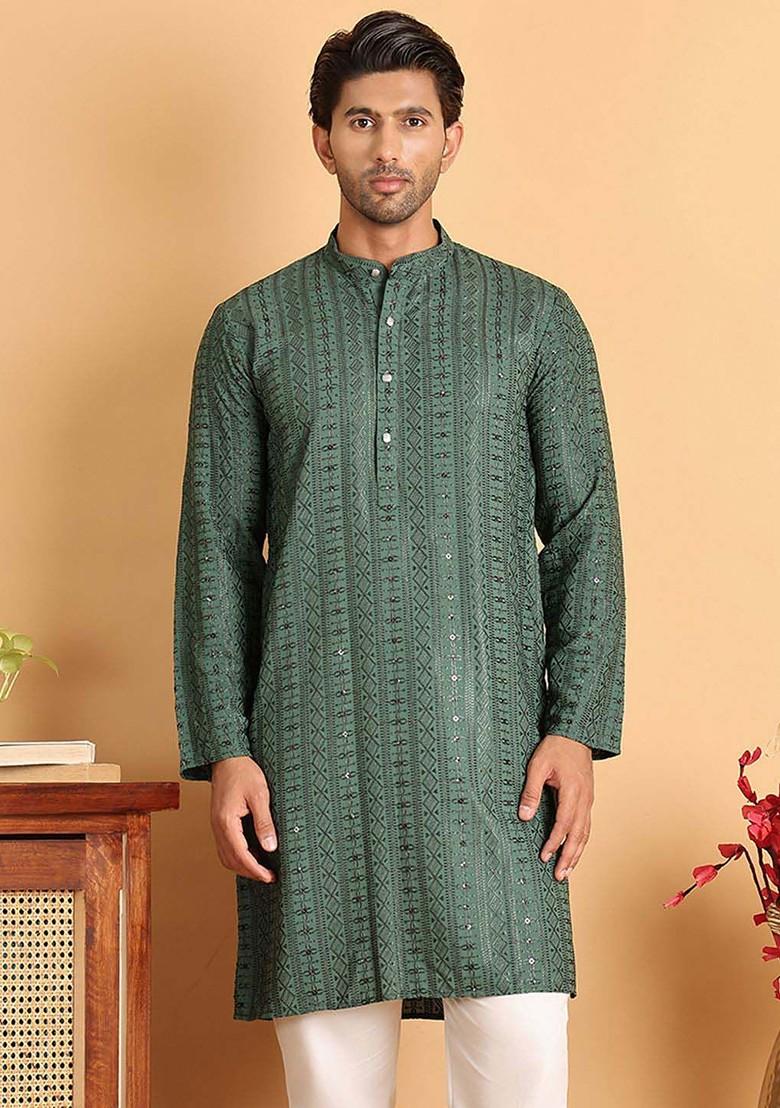 Sea Green Embroidered Poly Blend Kurta For Men