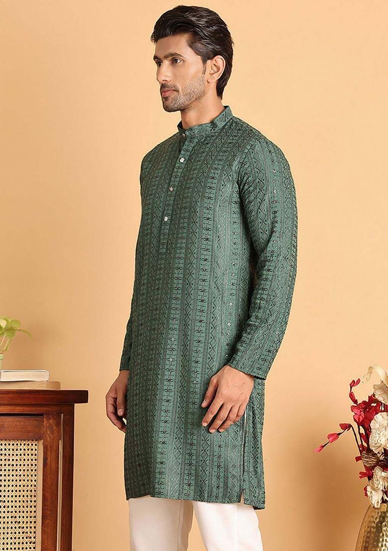 Sea Green Embroidered Poly Blend Kurta For Men