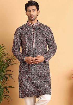 Peach Embroidered Poly Blend Kurta For Men