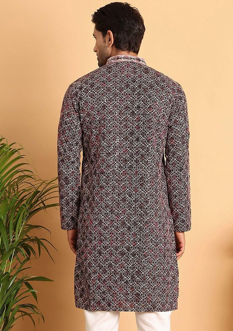 Peach Embroidered Poly Blend Kurta For Men