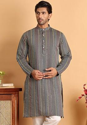 Grey Embroidered Poly Blend Kurta For Men