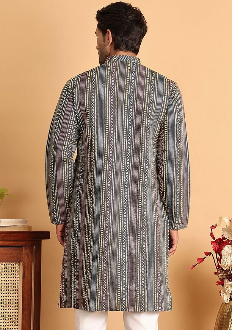 Grey Embroidered Poly Blend Kurta For Men