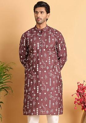 Brown Embroidered Poly Blend Kurta For Men