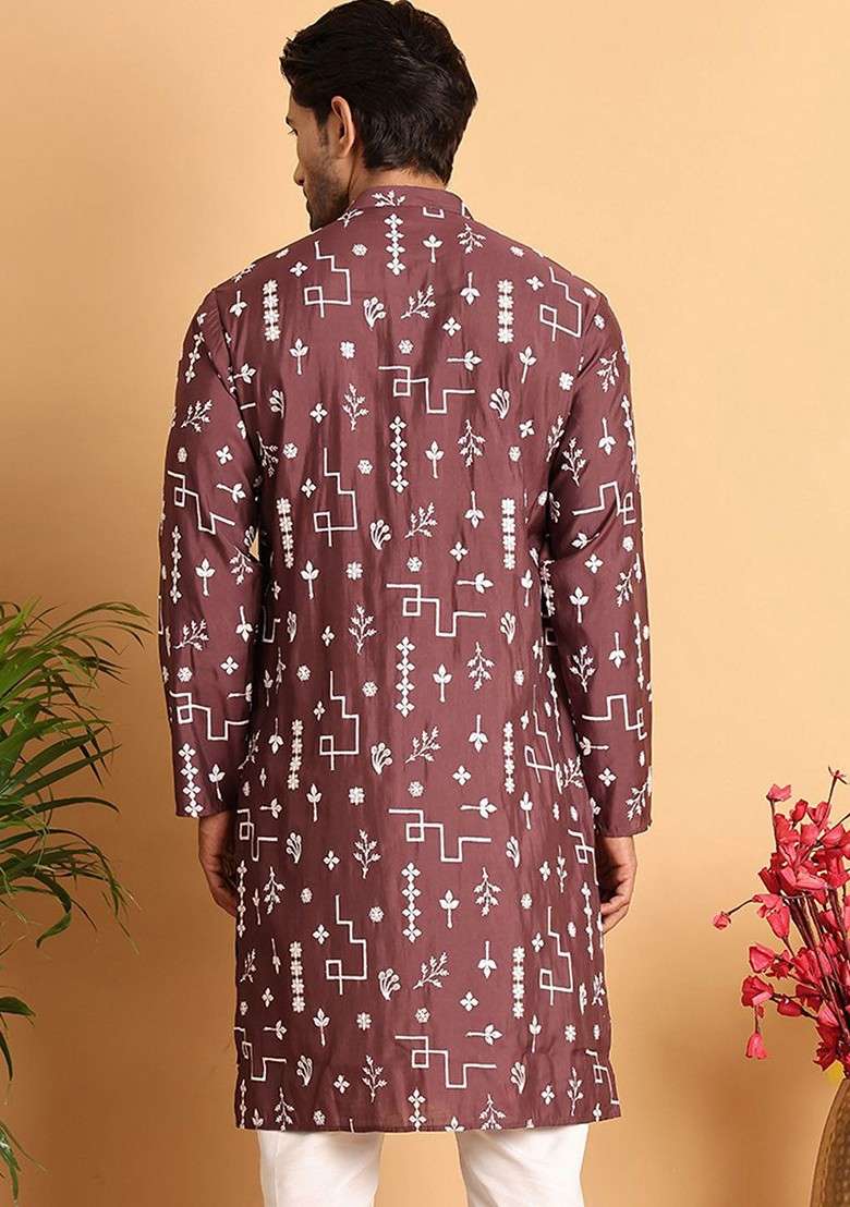 Brown Embroidered Poly Blend Kurta For Men - Indya