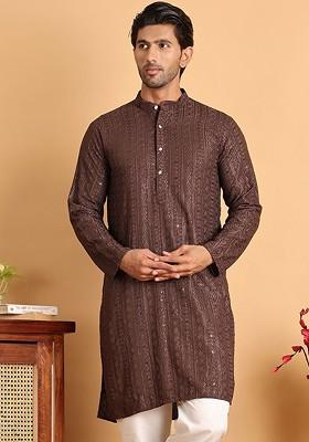 Coffee Brown Embroidered Poly Blend Kurta For Men