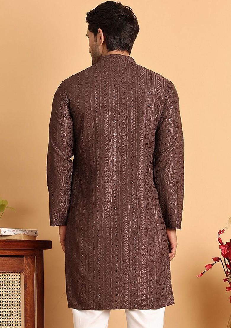 Coffee Brown Embroidered Poly Blend Kurta For Men