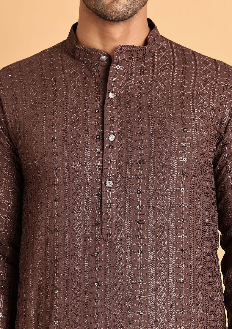 Coffee Brown Embroidered Poly Blend Kurta For Men