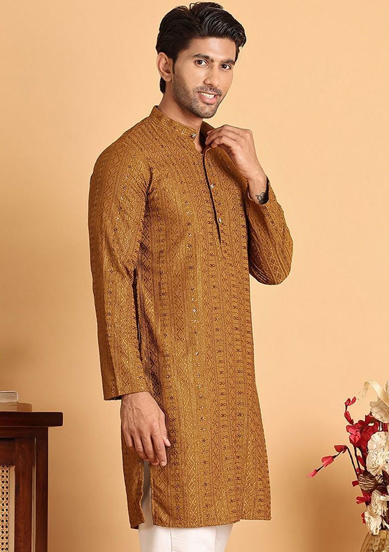 Mustard Yellow Embroidered Poly Blend Kurta For Men
